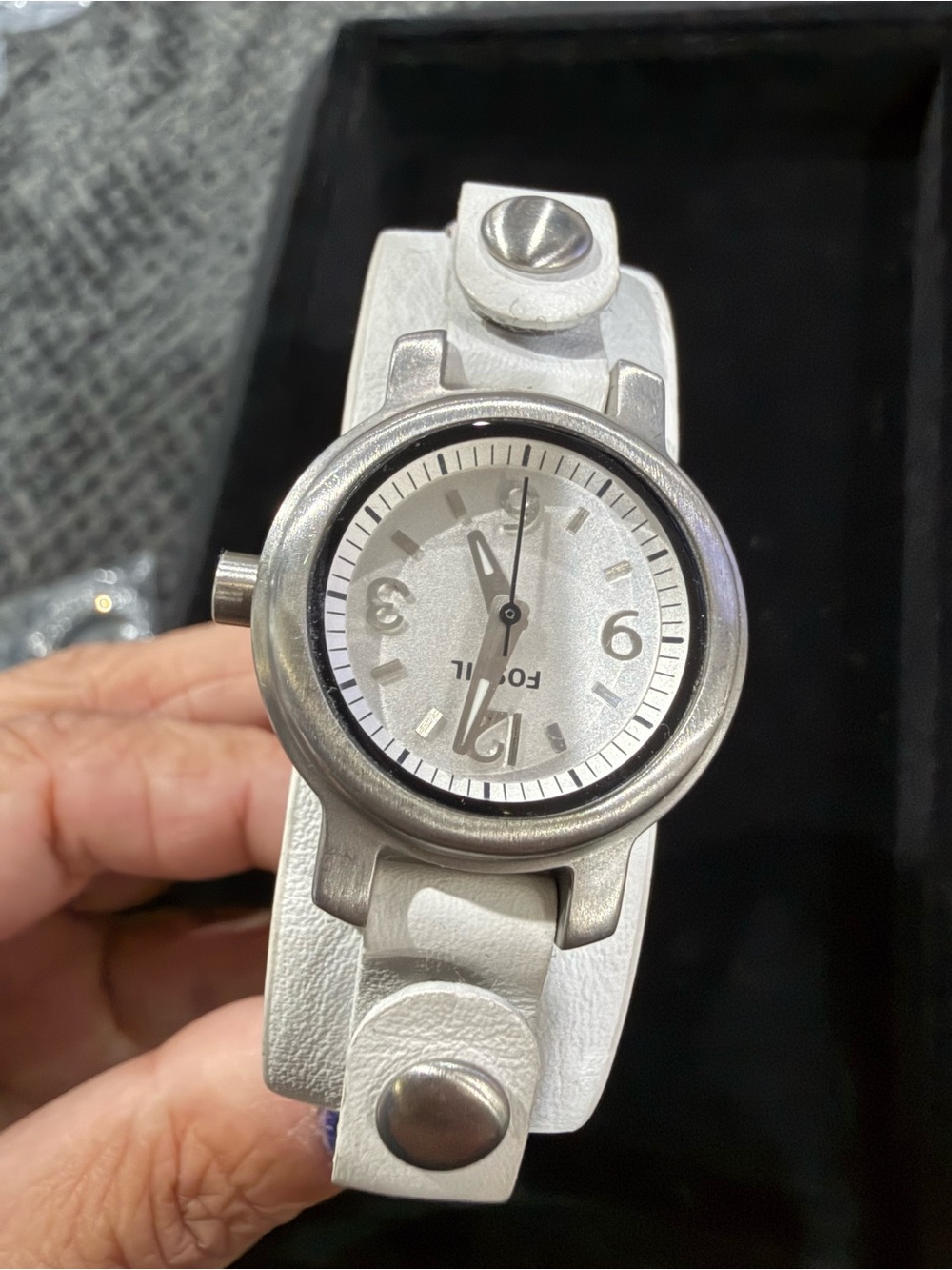 Fossil White Leather Strap Women's Watch with rhinestones on band